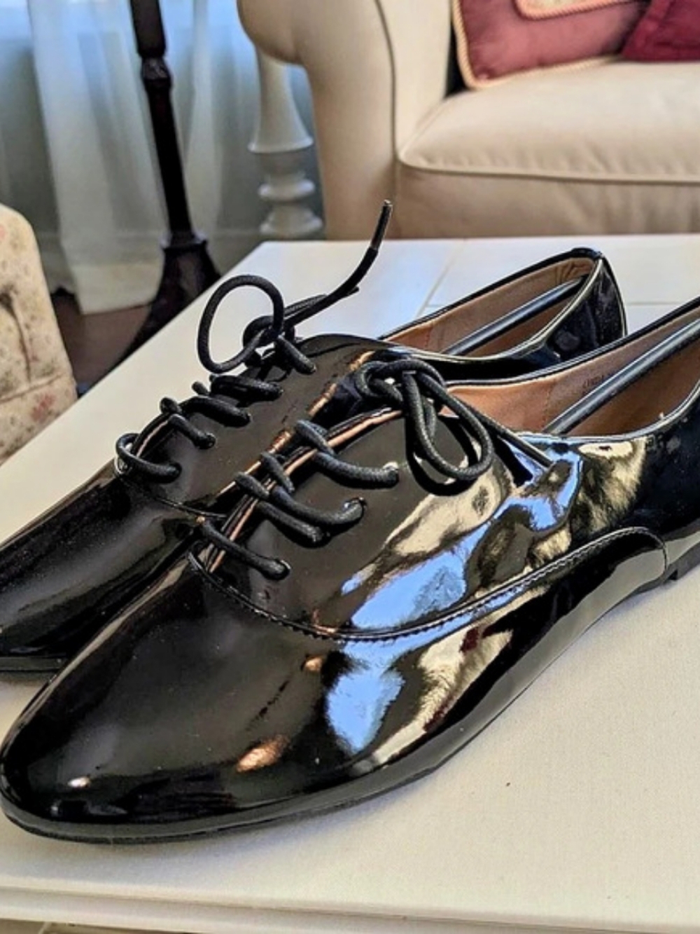 Bamboo Black Patent Lace-Up Flats US 8.5